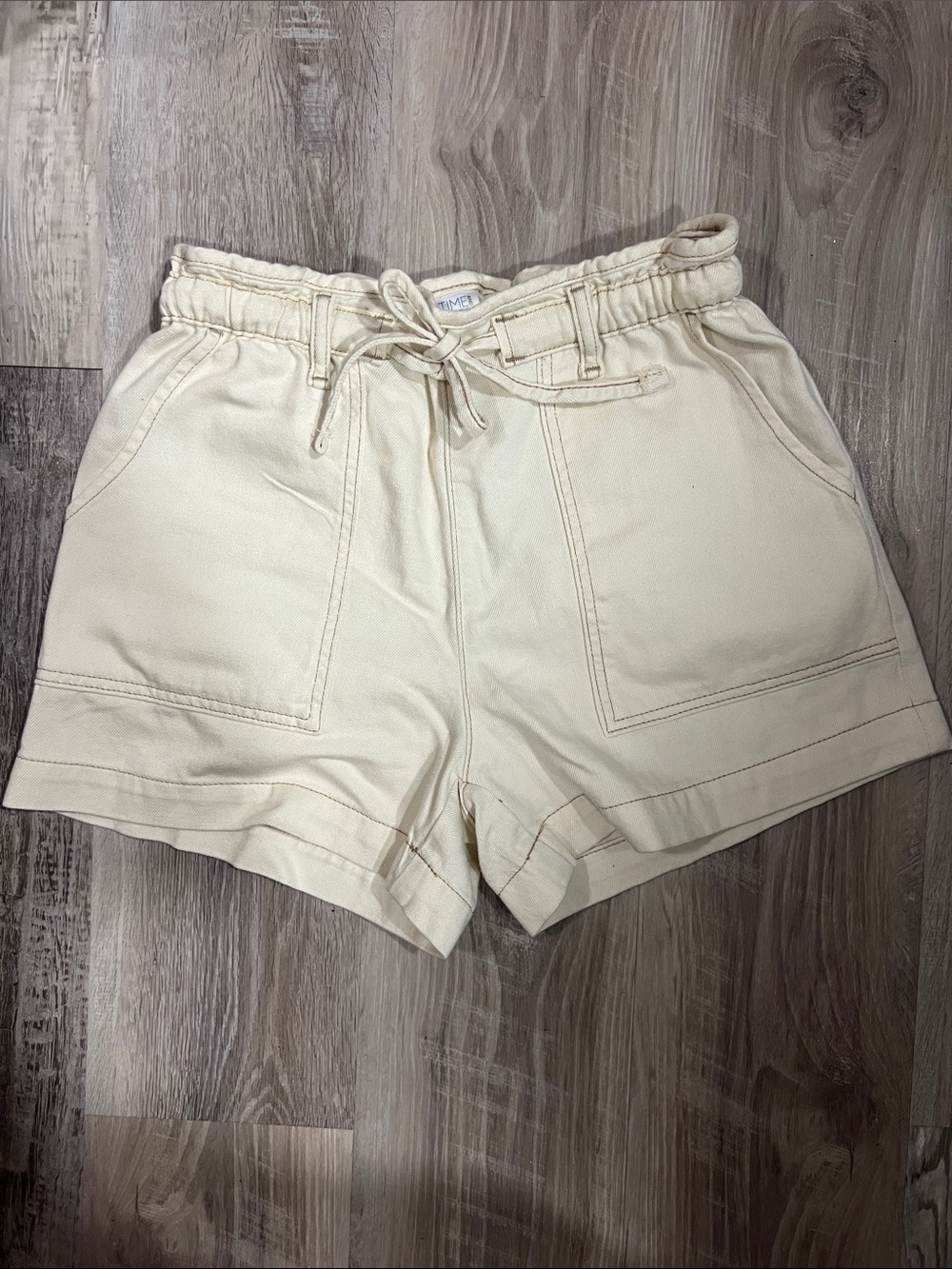 Time and Tru Cream High-Waist Drawstring Utility Shorts
